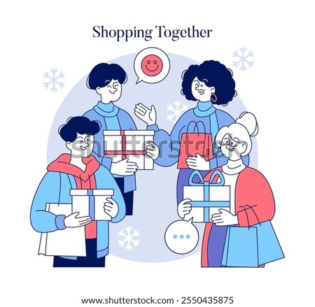 Super Saturday concept. Friends enjoy the festive shopping spree, holding gifts and sharing cheerful conversations. Holiday season excitement. Vector illustration.