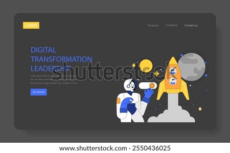 Digital Transformation Leadership concept. Illustration of an astronaut interacting with a rocket symbolizing technology advancement. Vector illustration.