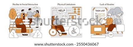 Retirement challenges set. Illustration capturing the loneliness, physical limitations, and disrupted routines faced by the elderly. Vector illustration.