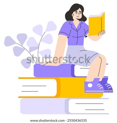 Young businesswoman concept. A professional female figure seated on a stack of books, immersed in reading. Lifelong learning and knowledge growth. Vector illustration.