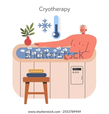 Cryotherapy concept. Man undergoing a cold treatment in a cryo bath filled with ice cubes. Alternative medicine and wellness therapy. Vector illustration.