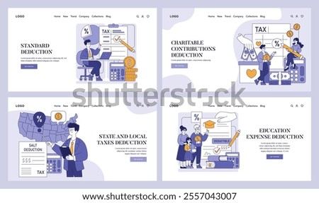 Tax Deductions set. Exploring various tax write-off concepts with individuals and families. Standard, charitable, state, and education deductions. Vector illustration.