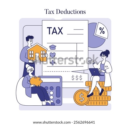 Tax Deduction concept. Illustrated guide to understanding various tax write-offs with people displaying home, education, and healthcare savings. Vector illustration.