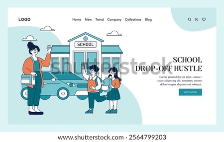 Working Mom Day concept. A busy morning with a mother waving goodbye as her kids head to school. School drop-off routine scene. Vector illustration.