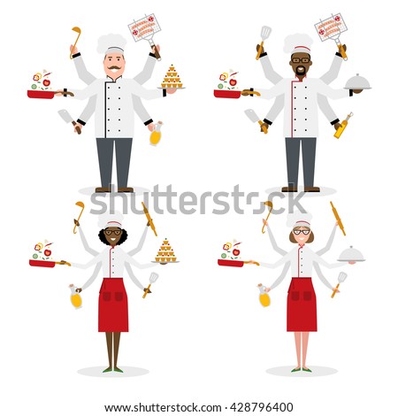 multitasking set chef cook isolated on white. Woman chef cook and man chef working. Vector illustration concept. 