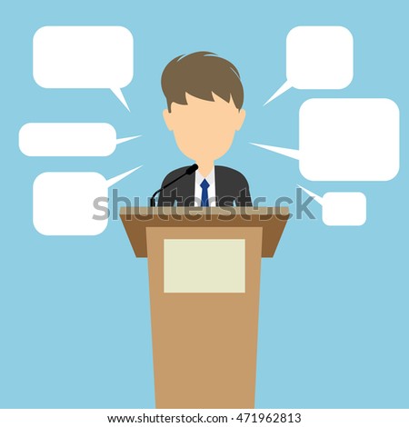 Politician with speech bubbles. Concept of debates or president election. Blank template face with speech bubbles.