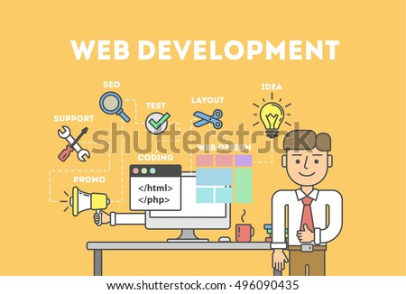 Web development concept. Businessman standing next to table with computer. Idea of coding and programming.