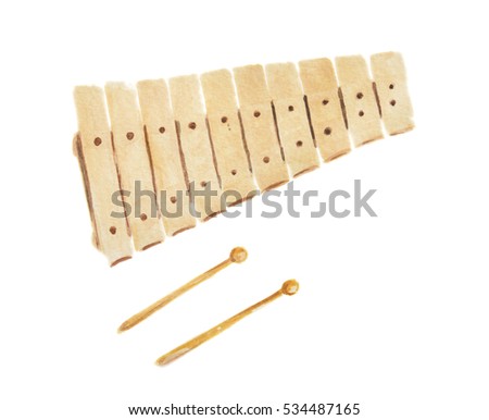 Isolated watercolor xylophone on white background. Musical instrument. Gentle sound.