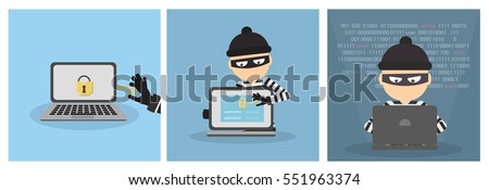 Criminal russian hacker set wanna cry. Funny cartoon thief in black mask stealing information from laptop. Concept of fraud, cyber crime. wannacry