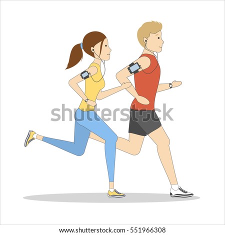 Isolated jogging couple on white background. Young and athletic man and woman with tracker. Healthy lifestyle.