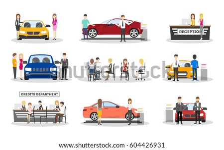 Automobile showroom set on white background. Cars, salesmen and visitors.