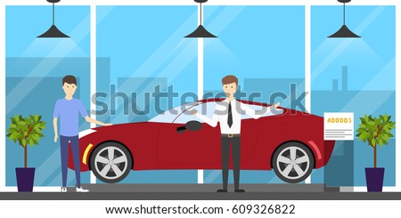 Automobile showroom set on white background. Cars, salesmen and visitors.