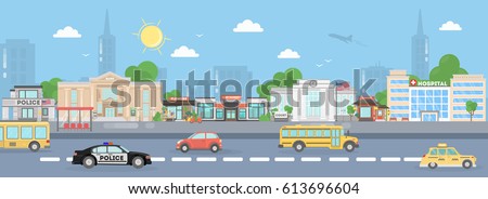 America city street. Urban landscape. School bus, poica car, stores and american flags.