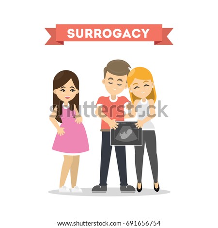 Surrogacy illustration concept. Family couple wait for new child with surrogate mother.