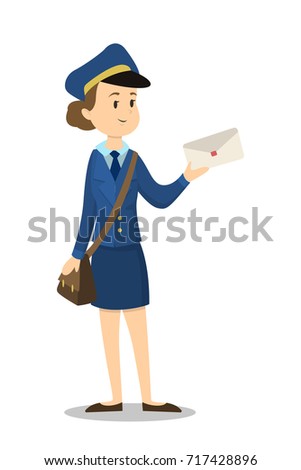 Isolated postwoman with envelope on white background