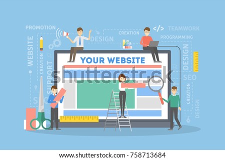 Website building illustration. People carrying blocks and tools creating website.