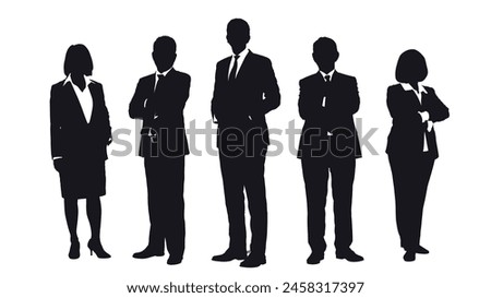 Business people group black silhouettes pose on white background, flat line vector and illustration.