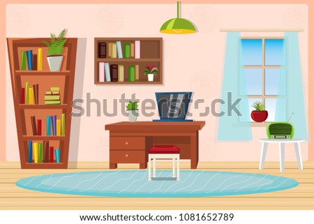 The interior of the living room in a cartoon retro style. In the room table, chairs , lamp, bookcase and laptop.Vector.