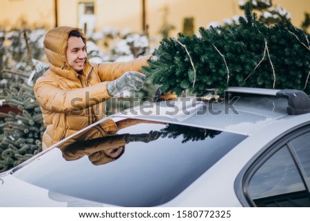 Image, Stock Photo Man transporting Christmas tree on bicycle