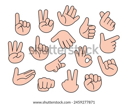 Set of different hand gestures drawing. cartoon style outlined vector illustration.