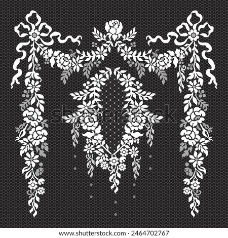 Vector lace seamless pattern. These design is classic style.Design with flower,leaf,ribbin on black backgroud.Hand drawn.Design is perfect for adding to lace pattern,embroidery and fashion industry.