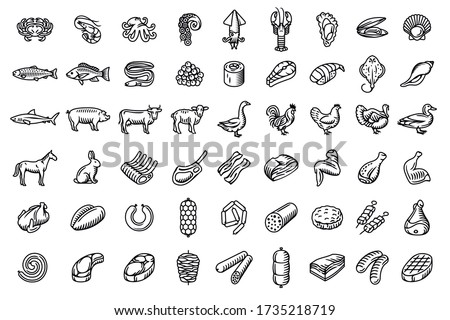 Set of farm animals and birds, meat, meat products, fish and seafood vector isolated illustrations for groceries, meat stores, restaurant menu