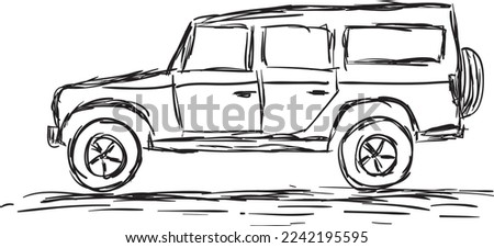 Hand drawn illustration of a car in black pencil on a white background. Offroad car drawing.