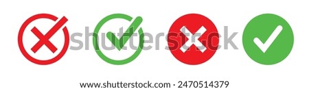 check mark icon button set. check box icon with right and wrong buttons and yes or no checkmark icons in green tick box and red cross.