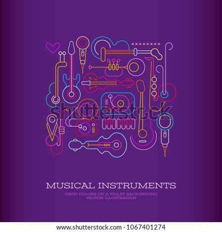 Neon colors on a dark violet background Musical Instruments Design vector illustration.
