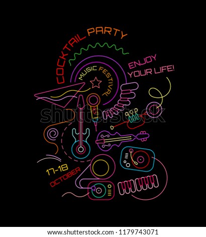 Neon colors on a black background Music Festival and Cocktail Party vector illustration. Line art poster template design.