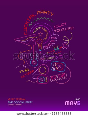 Neon colors on a dark purple background Music Festival and Cocktail Party vector illustration. Line art poster template design.
