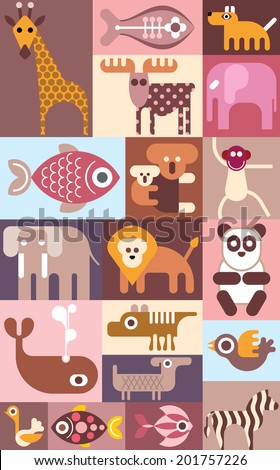 Zoo animals, birds and tropical fishes vector collage.