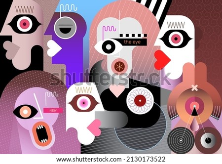 A group of people watch the man takes off his mask and screams. Modern digital painting, vector illustration. A3 canvas aspect ratio.