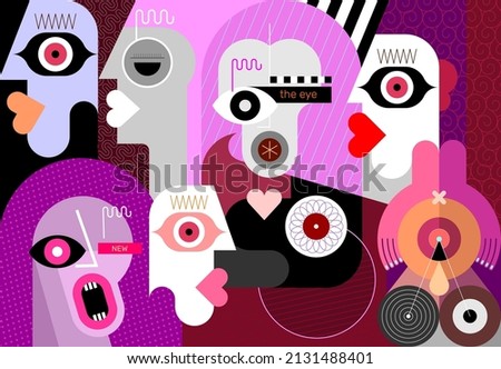A group of people watch the man takes off his mask and screams. Modern digital painting, vector illustration. A3 canvas aspect ratio.
