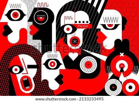 Several emotional adult people communicating and arguing. Red, black and white colors vector illustration of large group of people. Modern digital painting. A3 canvas aspect ratio.
