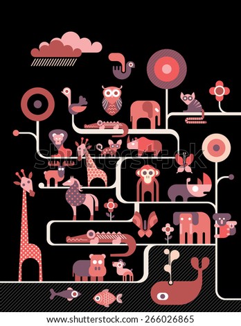 Jungle wildlife vector illustration with black background. Animals, birds and fishes.