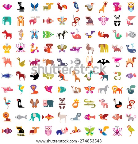 Animals, birds, fishes and insects large vector icon set. Various isolated colorful images on white background. Can be used as seamless background.