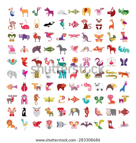 Animals, birds, fishes and insects large vector icon set. Various isolated colorful images on white background.