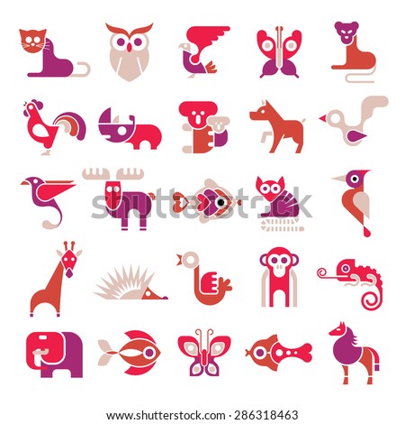 Animals, birds and fishes - large vector icon set. Various isolated colorful clip arts on white background.