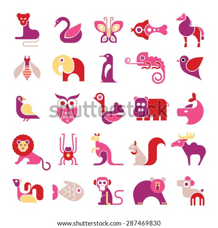 Animals, birds and fishes - large vector icon set. Various isolated colorful clip arts on white background.