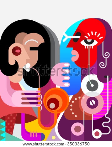 Brunette woman playing saxophone for her boyfriend. Two musicians, modern fine art, vector illustration.