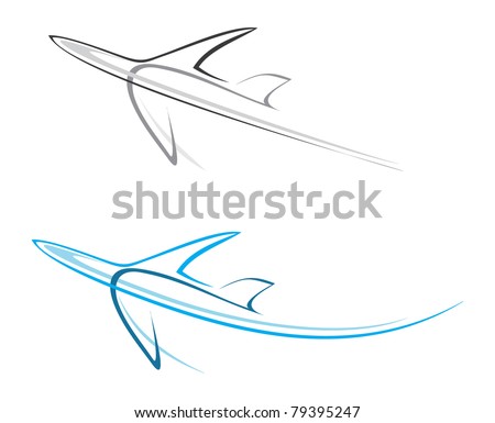 Flying airplane - stylized vector illustration. Grey icon on white background. Isolated design element. Airliner, jet.