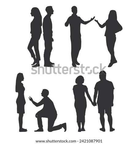 Collection of Black Silhouettes of Cute Romantic Couples Holding Hands, Giving Rings.
