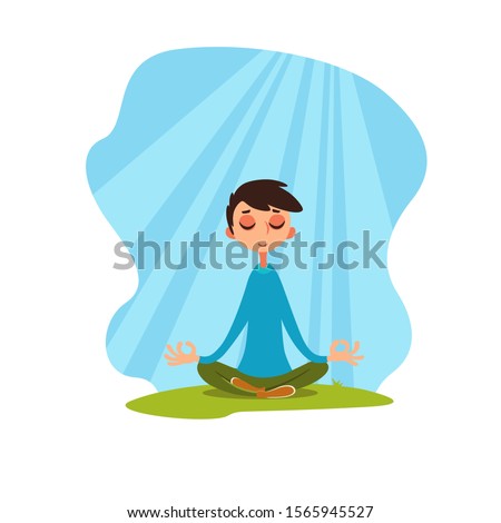 Young man meditating in a flood of light. Guy relaxes against a cloudless sky. Emotional condition. Vector illustration with cartoon character. Soul balance.