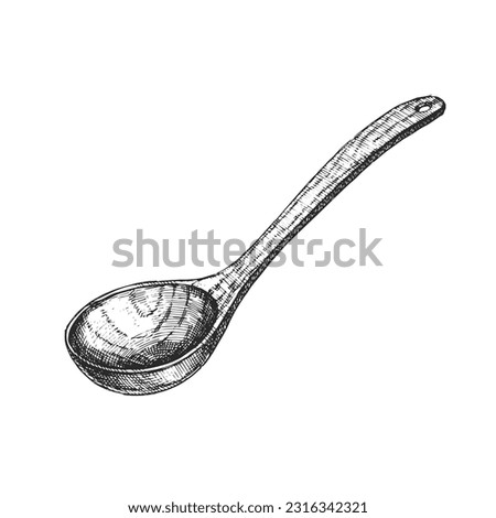 Vector hand-drawn vintage illustration of wooden soup ladle in engraving style. Sketch of cooking equipment isolated on white.