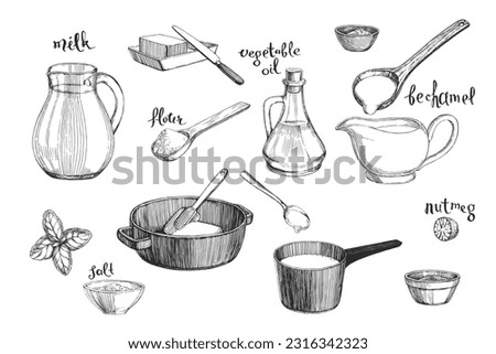 Vector vintage hand-drawn set of ingredients for cooking bechamel isolated on white. Collection of sketches of products for making sauce.