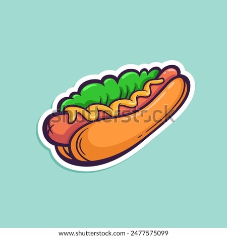 Fast food color doodle sticker. Hotdog with mustard in retro comics style. Vector hand drawn illustration of hot dog isolated on white. Sausage in bun.