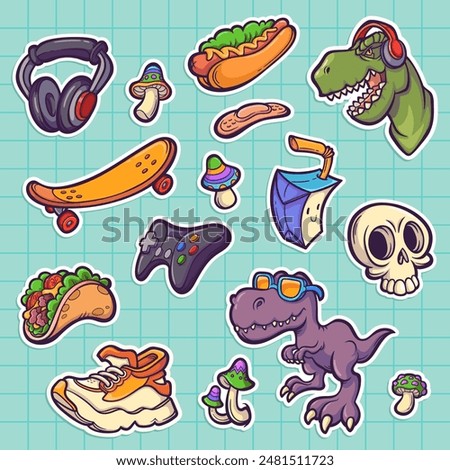 Vector set of stickers in doodle style. Hand-drawn illustrations of hotdog, tacos, joystick, skateboard, sneakers, dinosaurs and headphones for funny teenager design.