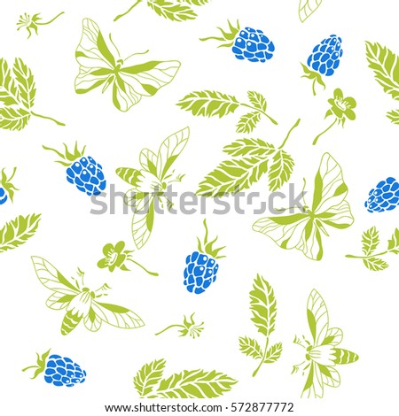 Bramble. Seamless pattern. Vector floral texture with forest berries. Hand drawn illustration with blackberry branches and butterflies.