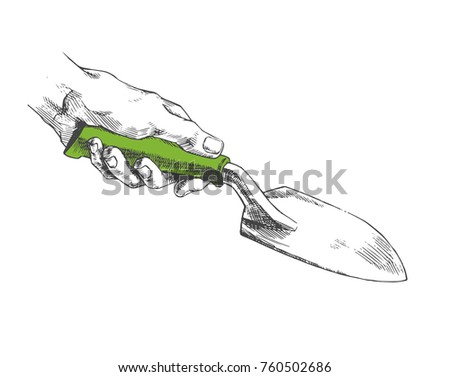 Vector illustration of hand with garden trowel isolated on white.  Tool for planting job in sketch style